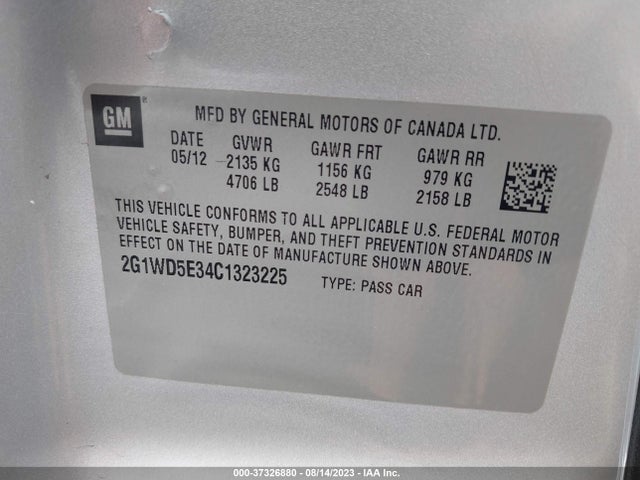 2012 CHEVROLET IMPALA POLICE POLICE VIN: 2G1WD5E34C1323225