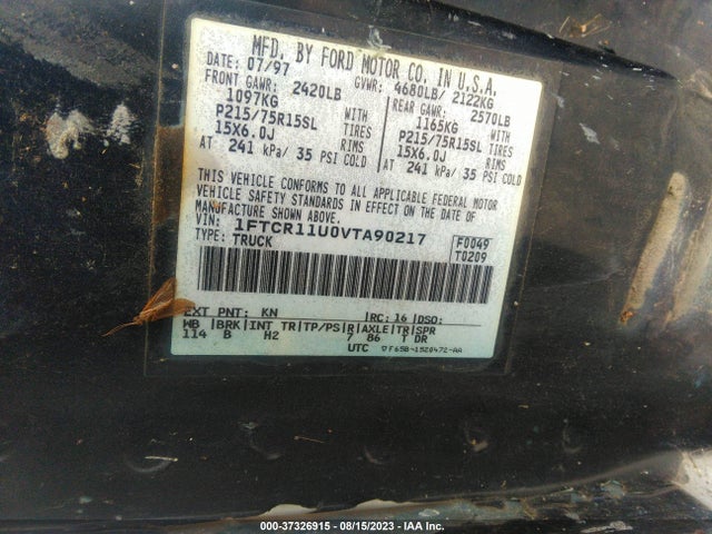 1997 FORD RANGER XLT/STX/SPLASH VIN: 1FTCR11U0VTA90217