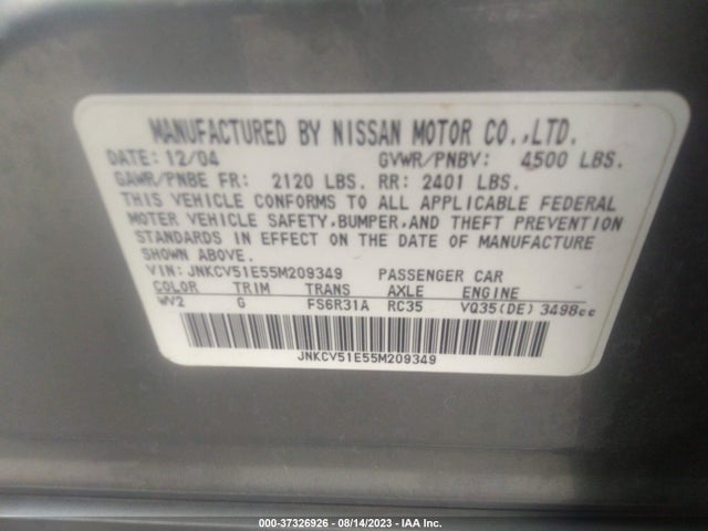 2005 INFINITI G35 SEDAN VIN: JNKCV51E55M209349
