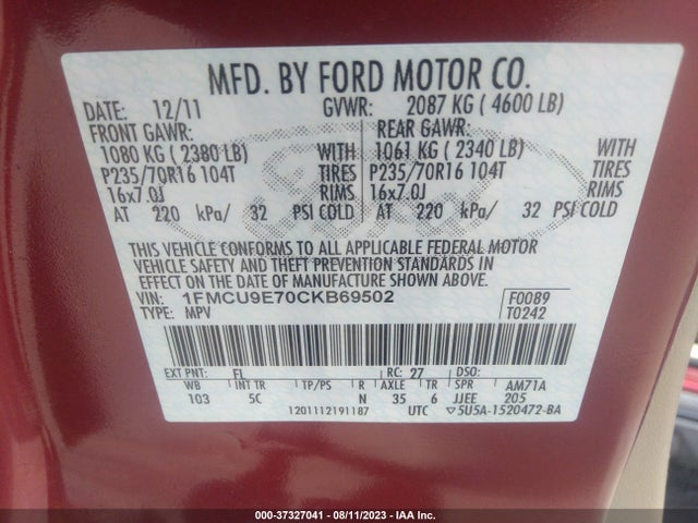 2012 FORD ESCAPE LIMITED VIN: 1FMCU9E70CKB69502