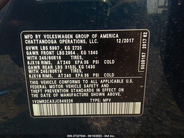 1V2MR2CAXJC549226 Volkswagen Atlas 3.6l V6 Sel