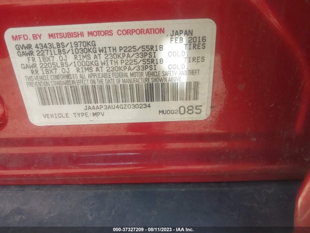 JA4AP3AU4GZ030234 Mitsubishi Outlander Sport 2.0 Es