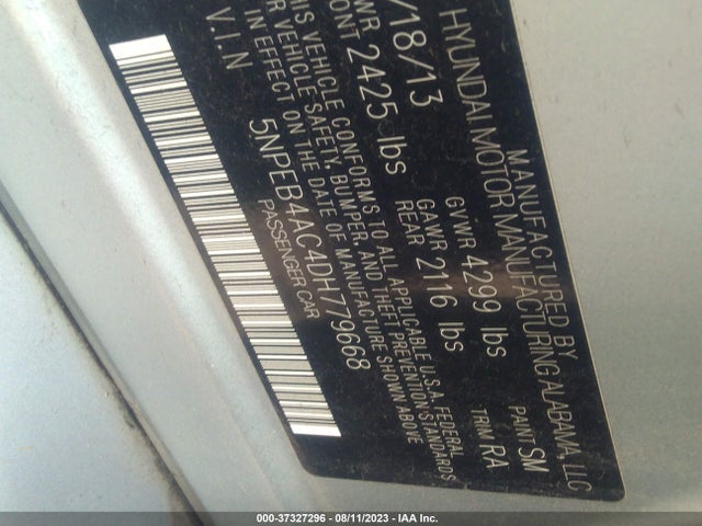 2013 HYUNDAI SONATA GLS VIN: 5NPEB4AC4DH779668