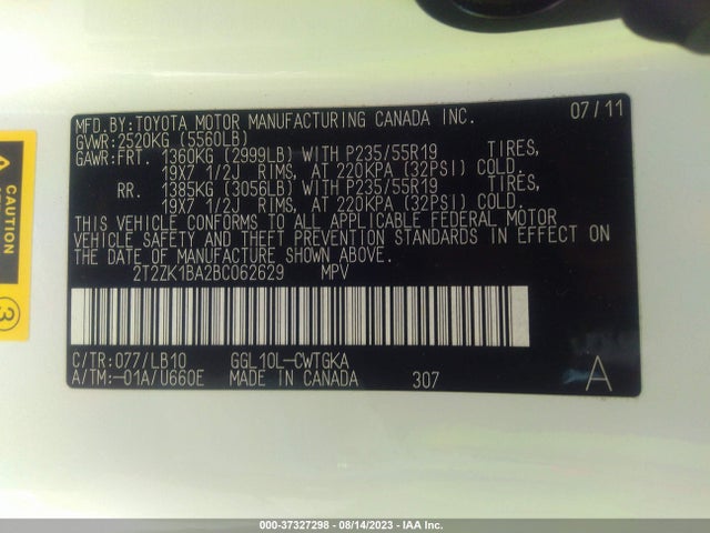 2011 LEXUS RX 350 VIN: 2T2ZK1BA2BC062629