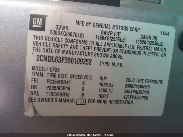 2005 CHEVROLET EQUINOX LT VIN: 2CNDL63F356109252