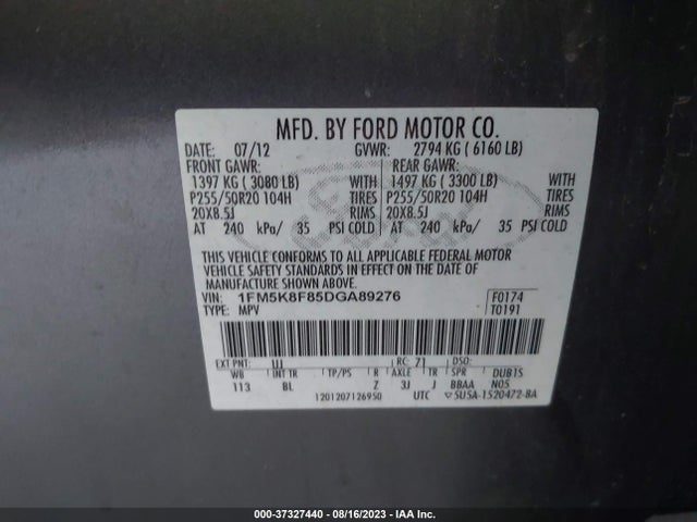 2013 FORD EXPLORER LIMITED VIN: 1FM5K8F85DGA89276