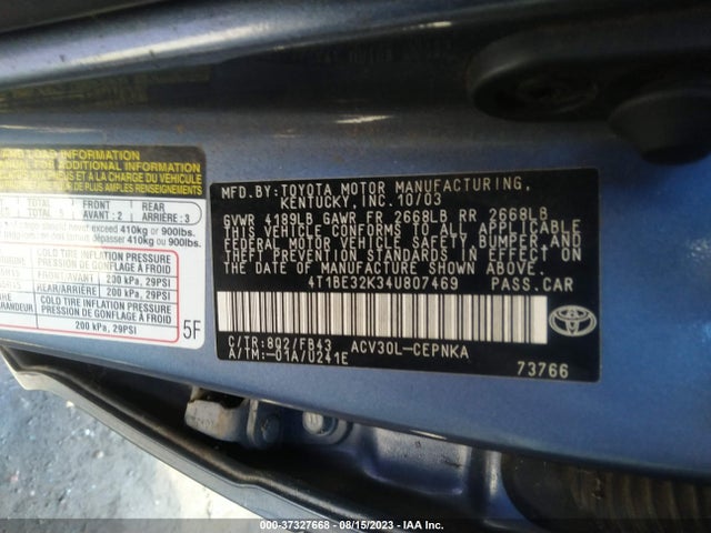 2004 TOYOTA CAMRY LE/SE/XLE/STD VIN: 4T1BE32K34U807469