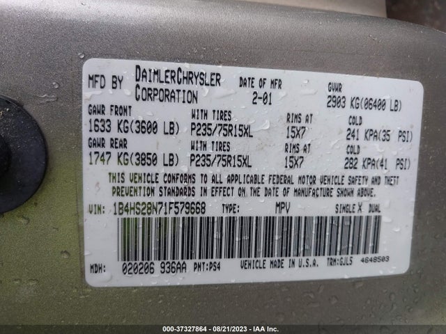 2001 DODGE DURANGO VIN: 1B4HS28N71F579668