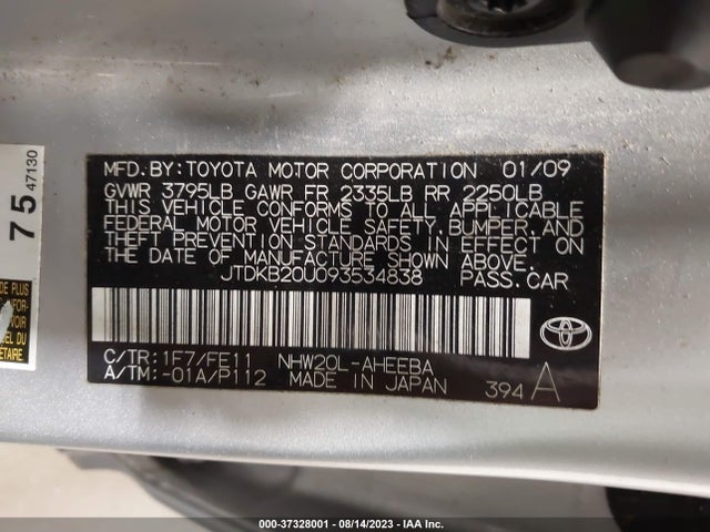 2009 TOYOTA PRIUS VIN: JTDKB20U093534838