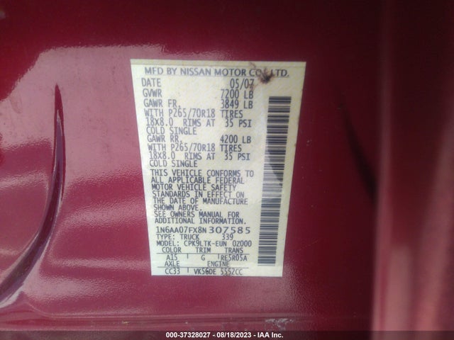 2008 NISSAN TITAN SE VIN: 1N6AA07FX8N307585