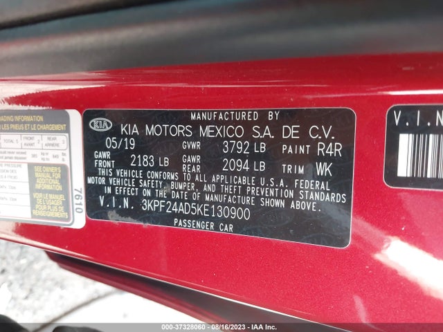 2019 KIA FORTE LXS VIN: 3KPF24AD5KE130900