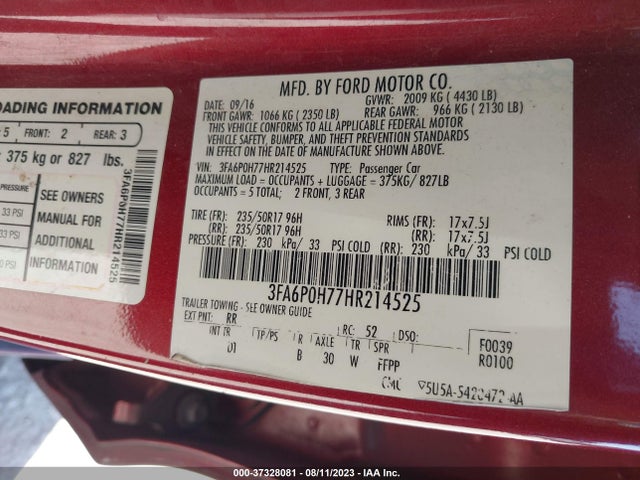 2017 FORD FUSION SE VIN: 3FA6P0H77HR214525