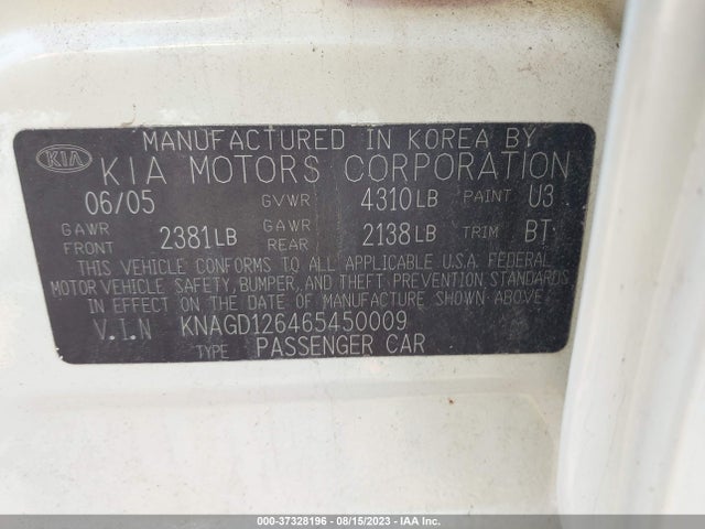 2006 KIA OPTIMA LX/EX VIN: KNAGD126465450009