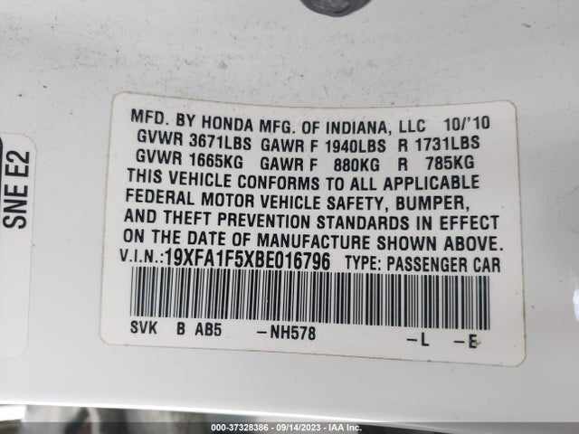 2011 HONDA CIVIC SDN LX VIN: 19XFA1F5XBE016796