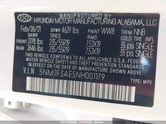 5NMJF3AE5NH001179 Hyundai TUCSON SEL