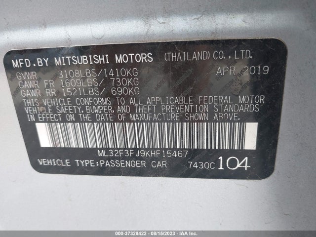 Mitsubishi Mirage G4 Es 2019 ML32F3FJ9KHF15467 Image 9