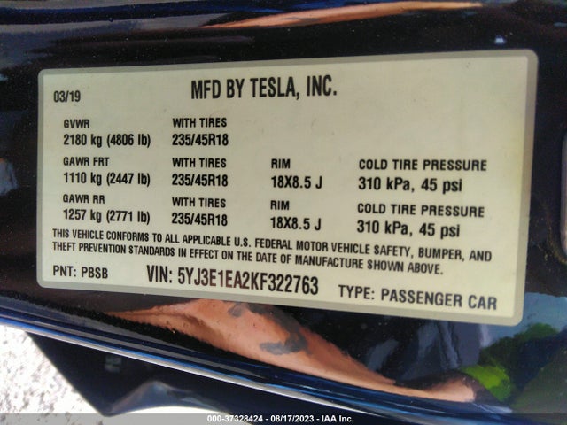 2019 Tesla 3, VIN: 5YJ3E1EA2KF322763