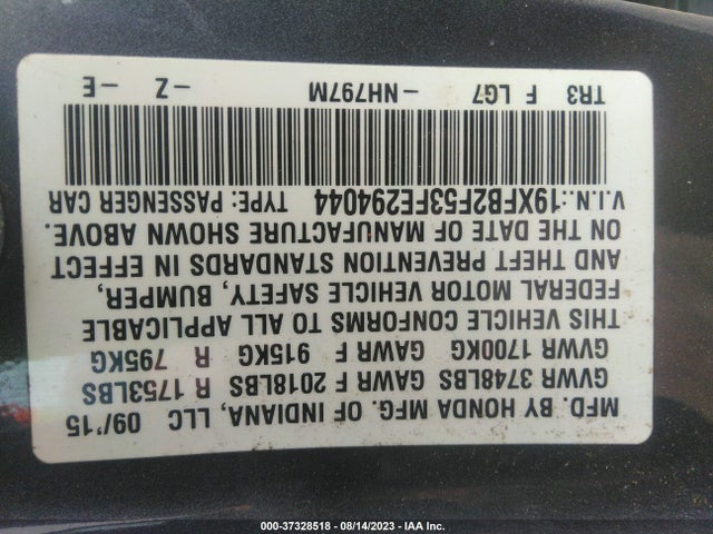 Honda Civic Sedan Lx 2015 19XFB2F53FE294044 Image 9