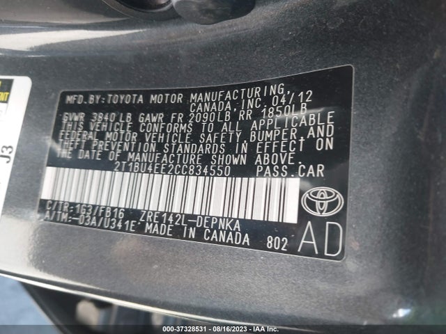 2012 TOYOTA COROLLA L/LE/S VIN: 2T1BU4EE2CC834550