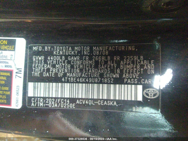 2009 TOYOTA CAMRY VIN: 4T1BE46K49U871852