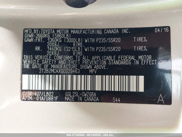 2T2BZMCAXGC029463 Lexus RX 350