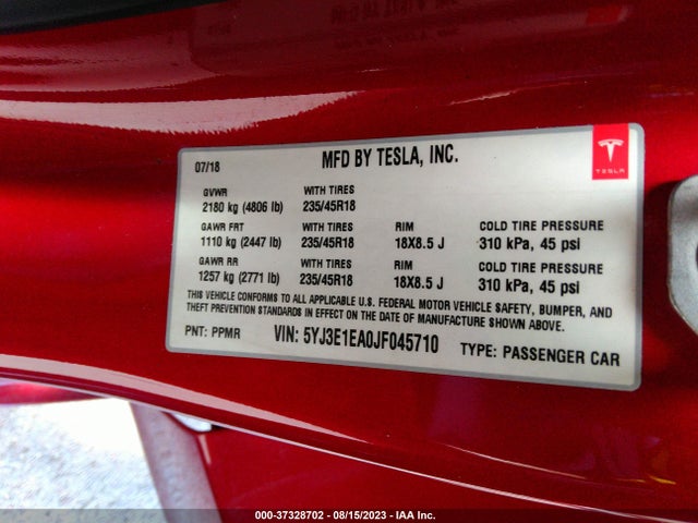 2018 Tesla 3, VIN: 5YJ3E1EA0JF045710