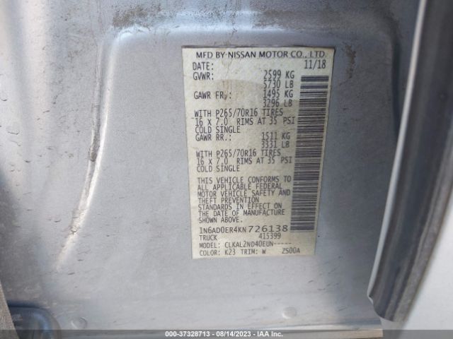 1N6AD0ER4KN726138 Nissan Frontier Sv