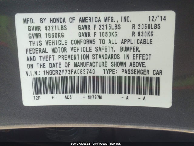 2015 HONDA ACCORD SEDAN EX VIN: 1HGCR2F73FA083740