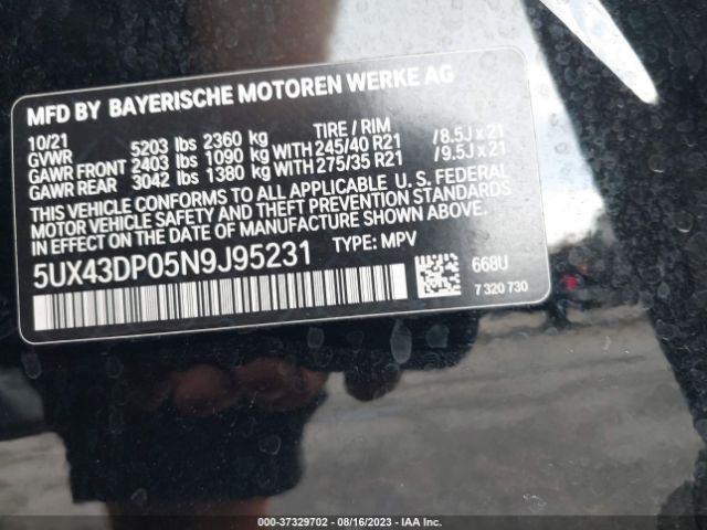 5UX43DP05N9J95231 BMW X3 Sdrive30i