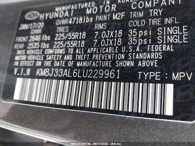 2020 HYUNDAI TUCSON LIMITED VIN: KM8J33AL6LU229961