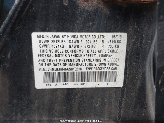2010 HONDA FIT SPORT VIN: JHMGE8H46AS010218