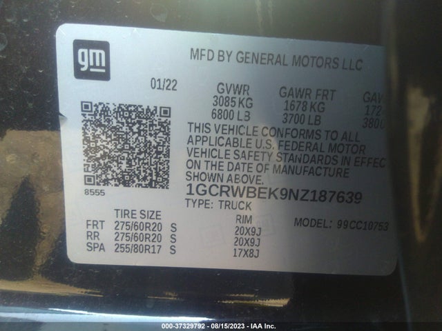 2022 Chevrolet Silverado 1500, VIN: 1GCRWBEK9NZ187639