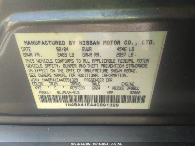 2004 NISSAN MAXIMA SL VIN: 1N4BA41E44C891329