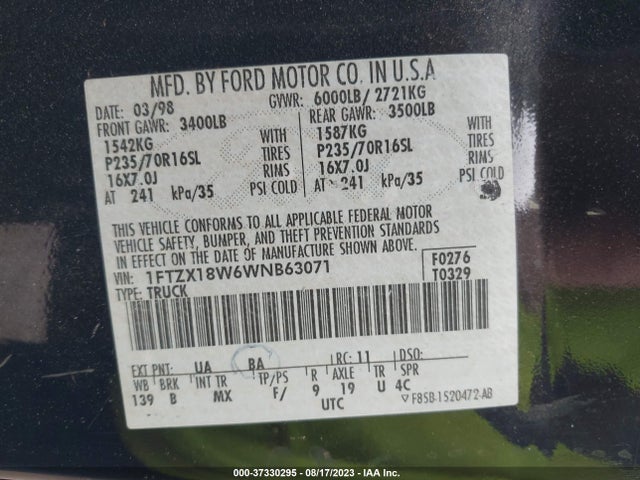 1998 FORD F-150 VIN: 1FTZX18W6WNB63071