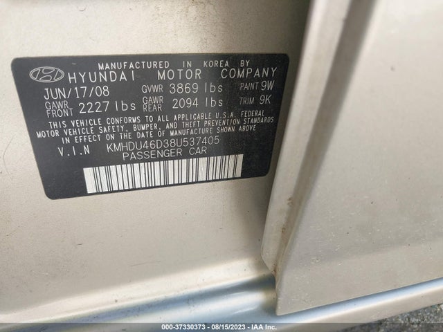 2008 HYUNDAI ELANTRA GLS/SE VIN: KMHDU46D38U537405
