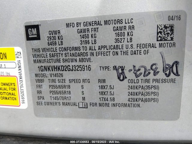 Chevrolet Traverse Lt 2016 1GNKVHKD2GJ325916 Image 9