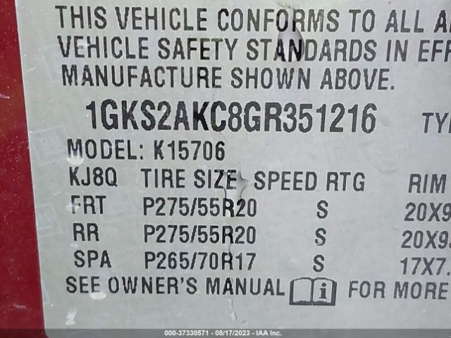 1GKS2AKC8GR351216 GMC YUKON SLE