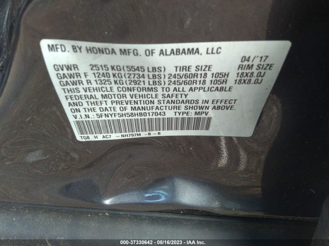 Honda Pilot Ex-l 2017 5FNYF5H58HB017043 Image 9
