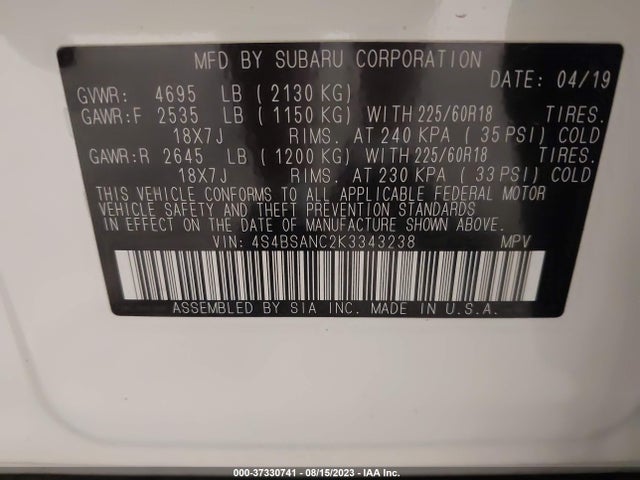 37330741 :رقم المزاد ، 4S4BSANC2K3343238 vin ، 2019 Subaru Outback Limited مزاد بيع