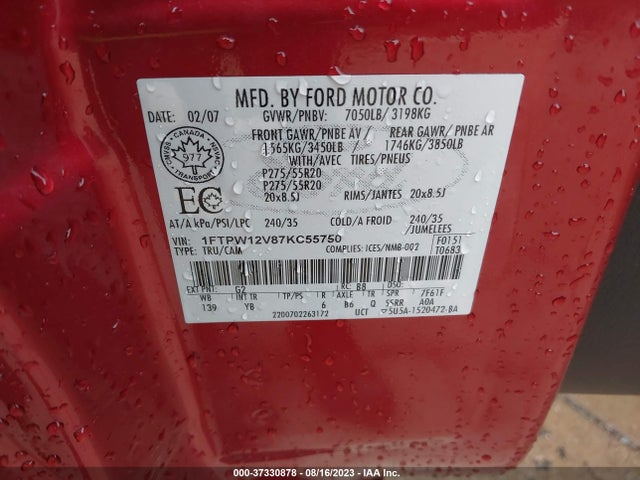2007 FORD F-150 XLT/LARIAT/KING RANCH/FX2 VIN: 1FTPW12V87KC55750