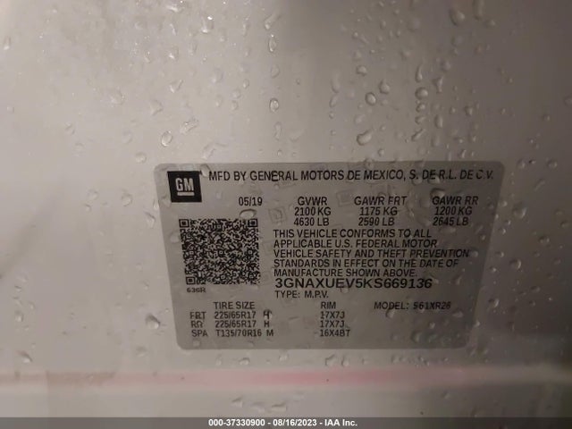 2019 CHEVROLET EQUINOX LT VIN: 3GNAXUEV5KS669136