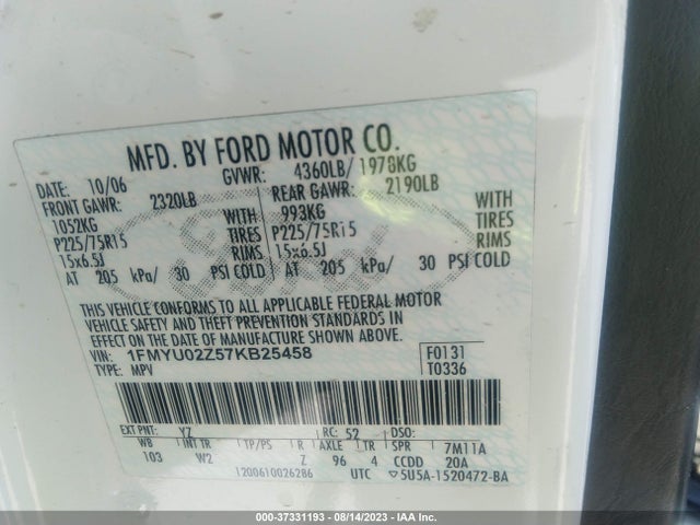 2007 FORD ESCAPE XLS VIN: 1FMYU02Z57KB25458