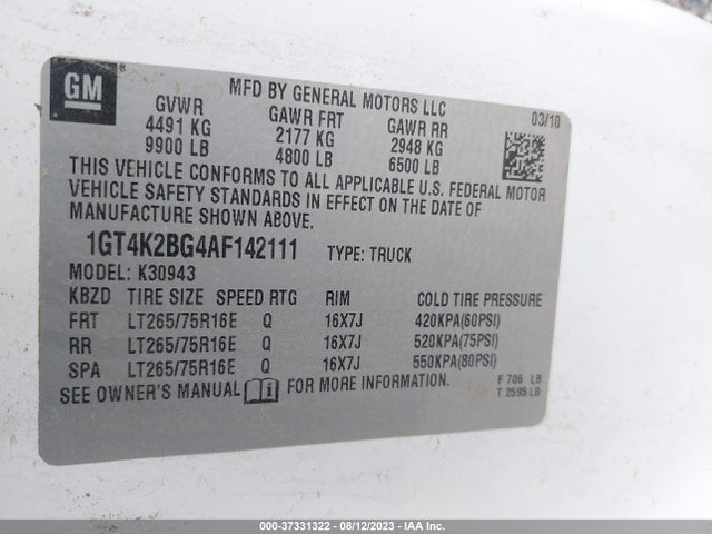 2010 GMC SIERRA 3500HD SRW WORK TRUCK VIN: 1GT4K2BG4AF142111