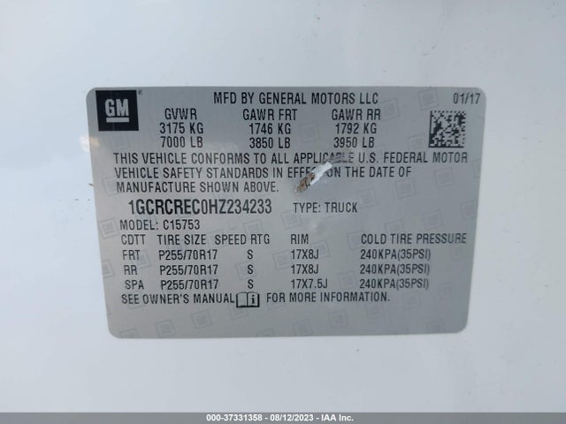2017 CHEVROLET SILVERADO 1500 LT VIN: 1GCRCREC0HZ234233