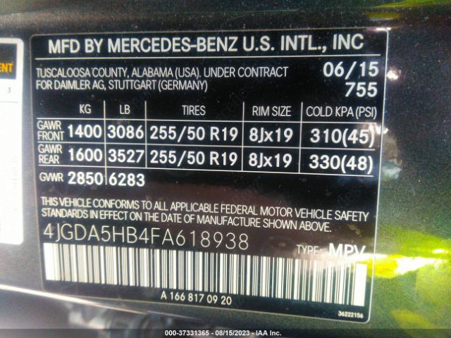4JGDA5HB4FA618938 Mercedes-Benz M-class Ml 350