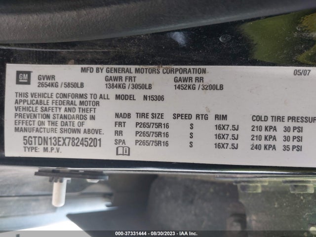 2007 HUMMER H3 SUV VIN: 5GTDN13EX78245201