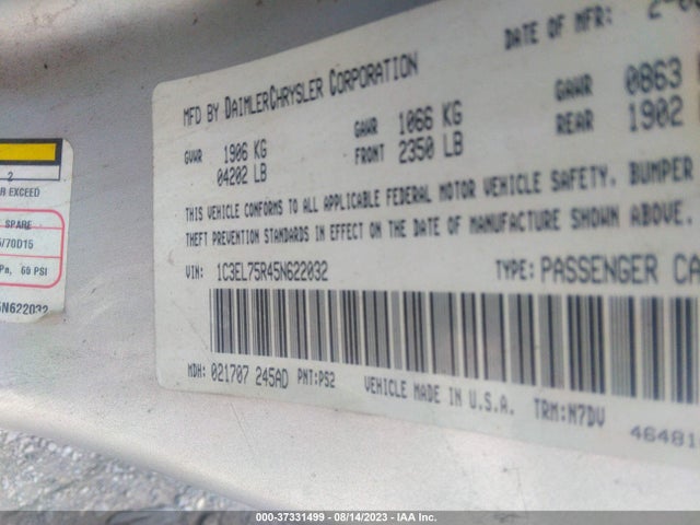 2005 CHRYSLER SEBRING CONV GTC VIN: 1C3EL75R45N622032