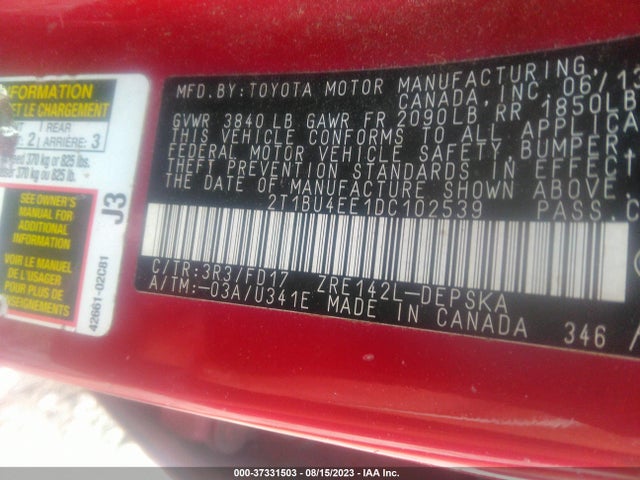 2013 TOYOTA COROLLA L/LE/S VIN: 2T1BU4EE1DC102539