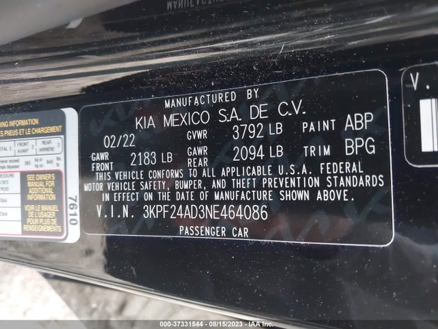 2022 KIA FORTE LXS VIN: 3KPF24AD3NE464086