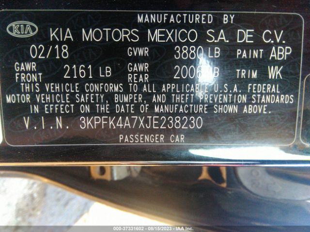 3KPFK4A7XJE238230 KIA FORTE LX